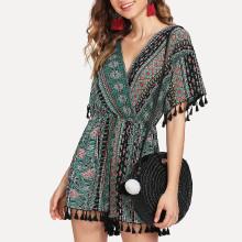 Shein V Neckline Geo Print Fringe Trim Romper