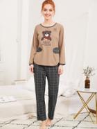 Shein Curved Hem Tee & Grid Print Pants Pj Set