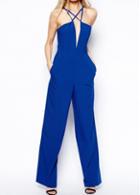 Rosewe Royal Blue Pocket Design Strappy Jumpsuit