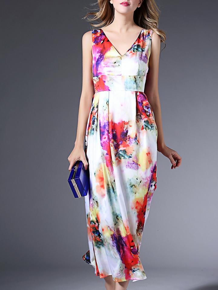 Shein Red V Neck Sleeveless Floral Print Maxi Dress