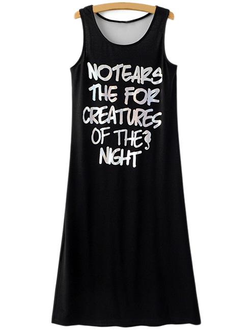 Shein Black Sleeveless Letter Print Knit Midi Dress