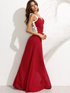 Shein Red Flower Applique Mesh Back Ruched Chiffon Gown