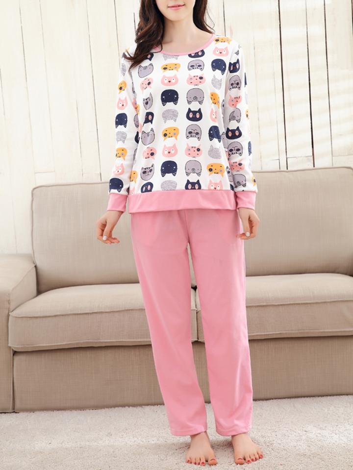Shein Cat Print Pullover & Pants Pj Set