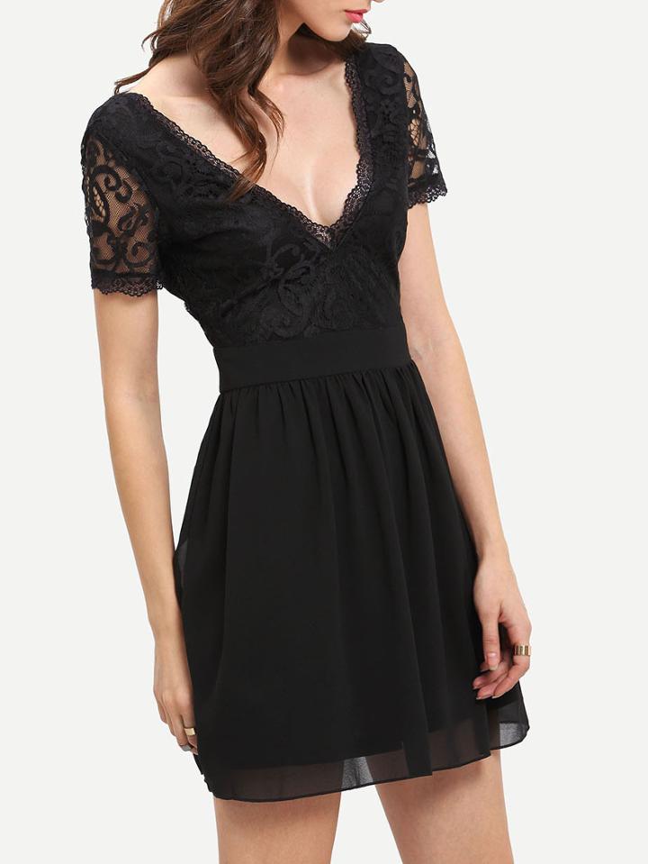 Shein Plunging V-neckline Contrast Lace Flare Dress