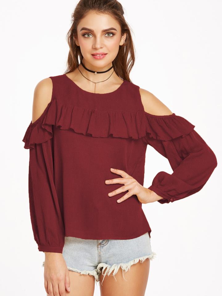 Shein Open Shoulder Frill Trim Crinkle Top