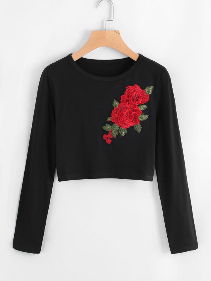 Shein Embroidered Rose Applique Crop Tee