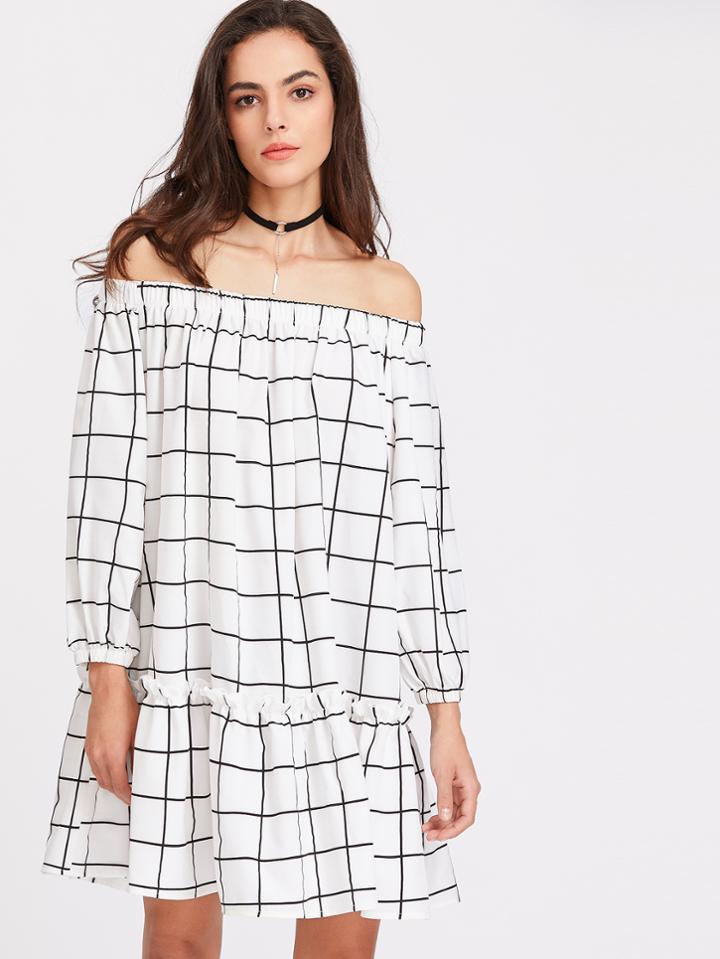 Shein Elasticized Neckline And Cuff Frilled Drop Waist Grid Dress