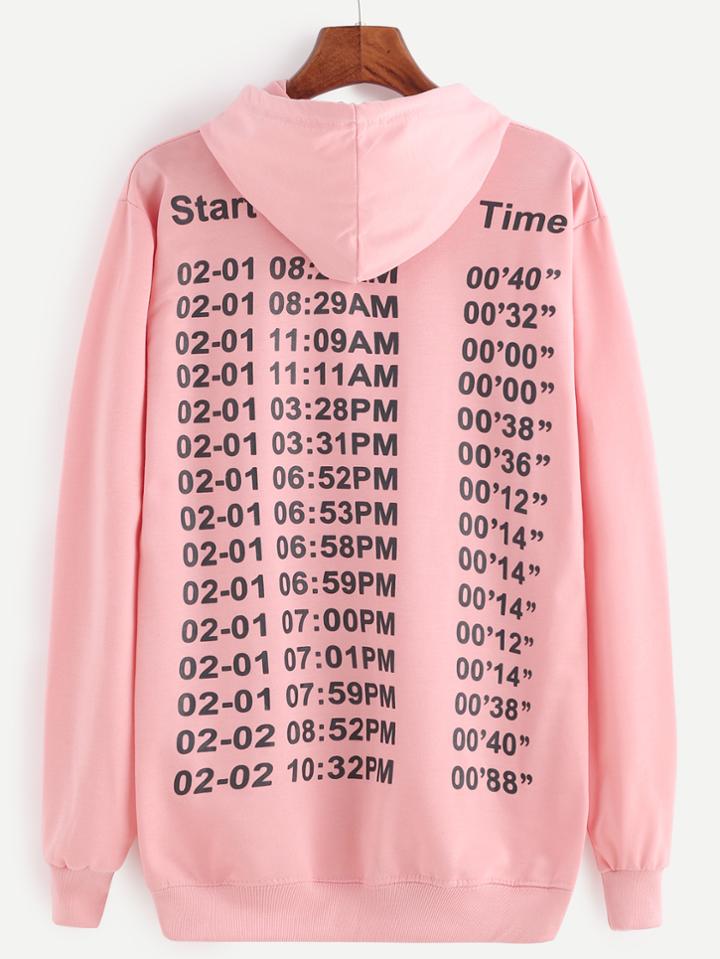 Shein Pink Number Print Hooded Sweatshirt