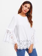 Shein Bow Detail Fluted Sleeve Laser Cut Scalloped Blouse