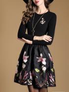 Shein Black Knit Flowers Embroidered Jacquard Combo Dress