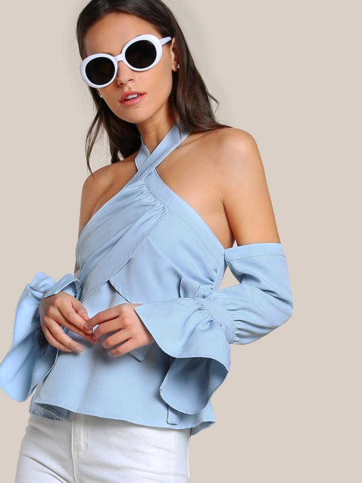 Shein Overlap Front Fluted Sleeve Halter Bardot Top