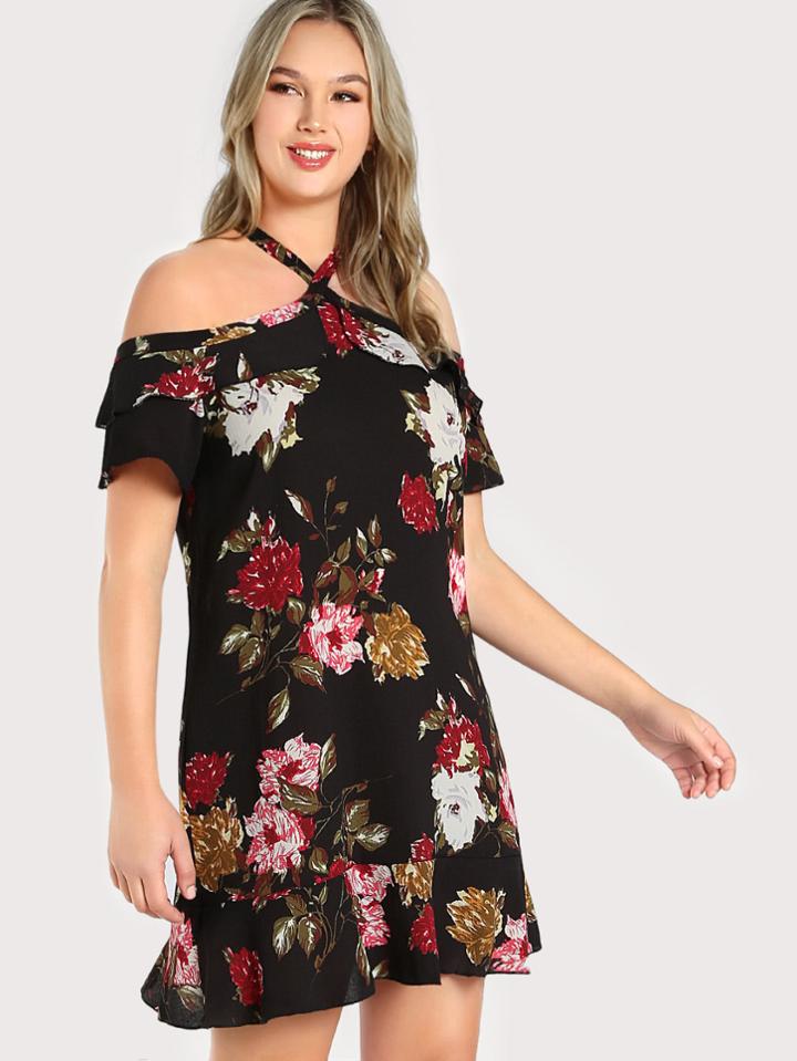 Shein Cold Shoulder Floral Print Dress Black