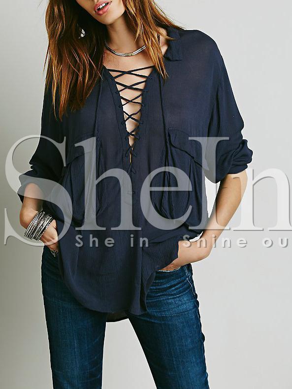 Shein Navy Long Sleeve Style Lace Up Blouse