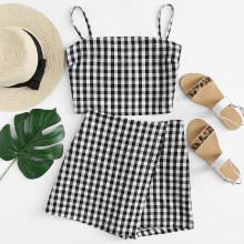 Shein Knot Back Checked Cami With Shorts