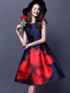 Shein Navy Sleeveless Floral Flare Tank Dress