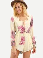 Shein Tassel Tie-neck Elastic Waist Flower Print Romper - Beige