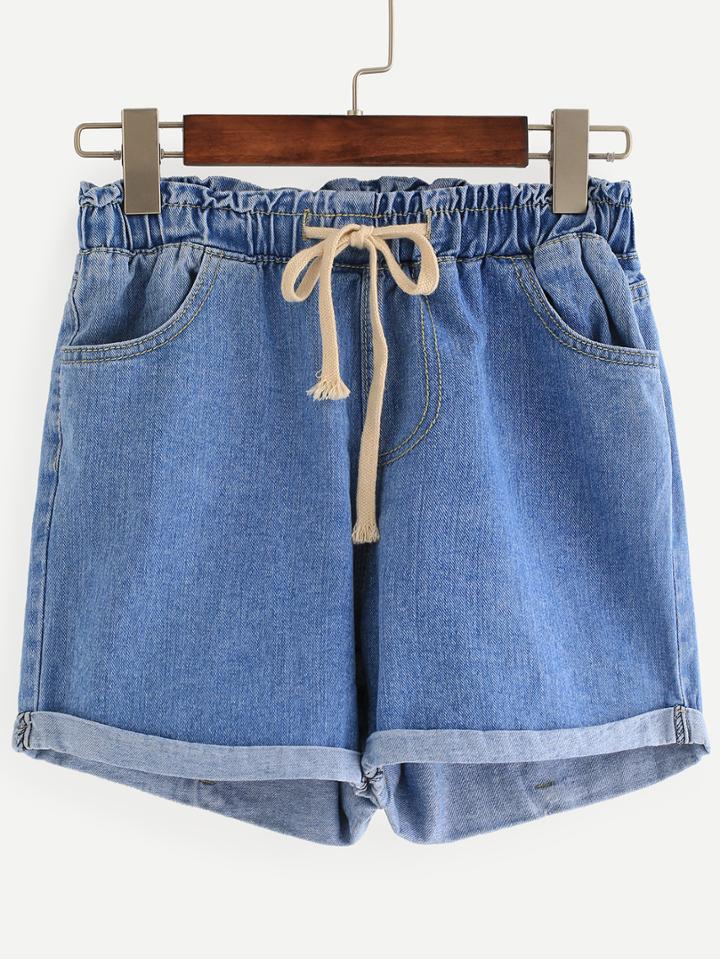 Shein Blue Drawstring Waist Cuffed Denim Shorts