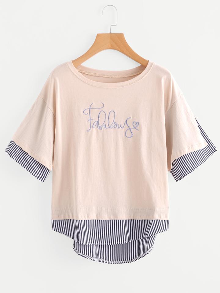 Shein Letter Embroidered Contrast Striped 2 In 1 Tee