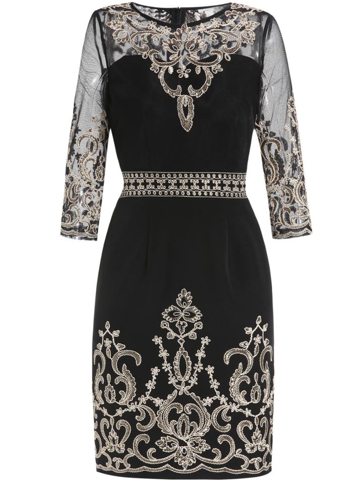 Shein Black Round Neck Half Sleeve Contrast Gauze Embroidered Dress