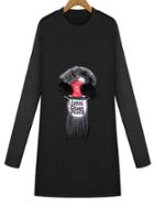 Shein Black Round Neck Cartoon Patterned Tassel Dress