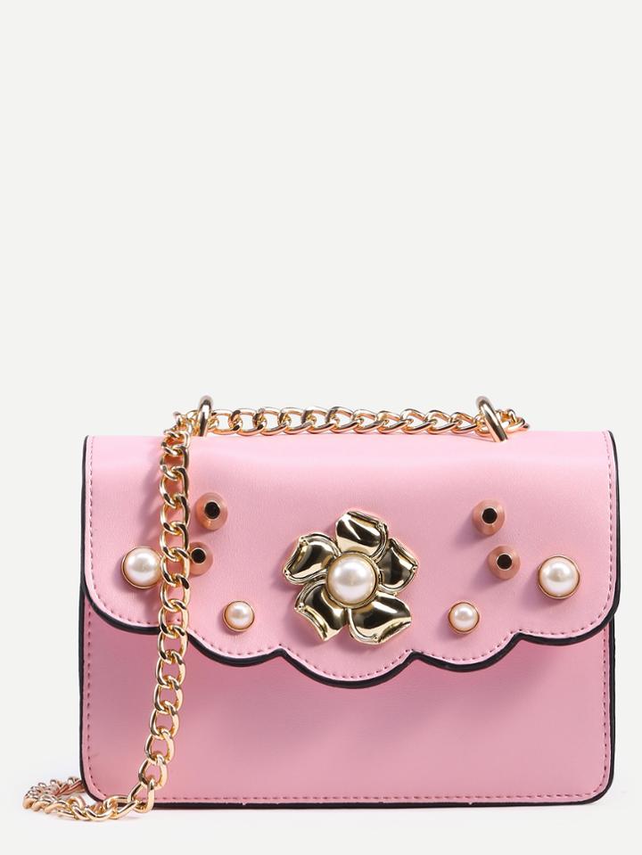 Shein Pink Flower And Pearl Studded Box Bag With Chain