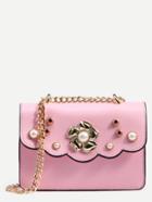 Shein Pink Flower And Pearl Studded Box Bag With Chain