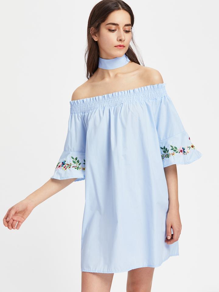 Shein Bardot Embroidered Bell Sleeve Dress With Belt