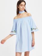 Shein Bardot Embroidered Bell Sleeve Dress With Belt