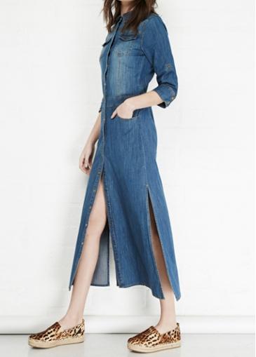 Rosewe Double Side Slit Turndown Collar Denim Dress