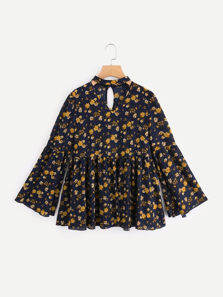 Shein Choker Neck Bell Sleeve Ditsy Smock Top