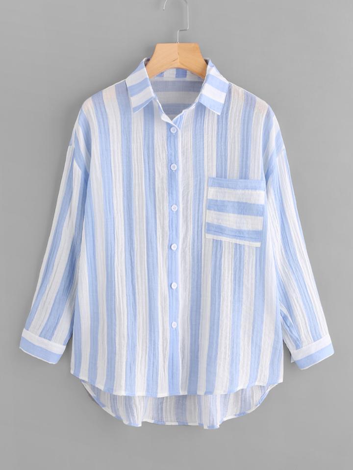 Shein Drop Shoulder Single Pocket Striped Crinkle Shirt