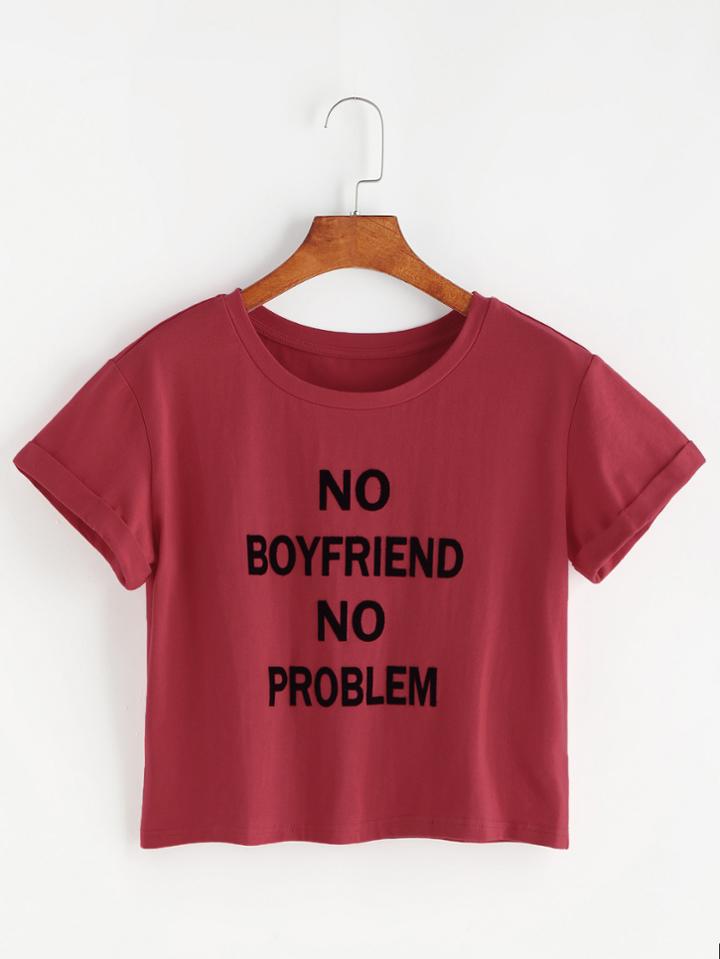 Shein Letter Print Roll Sleeve T-shirt