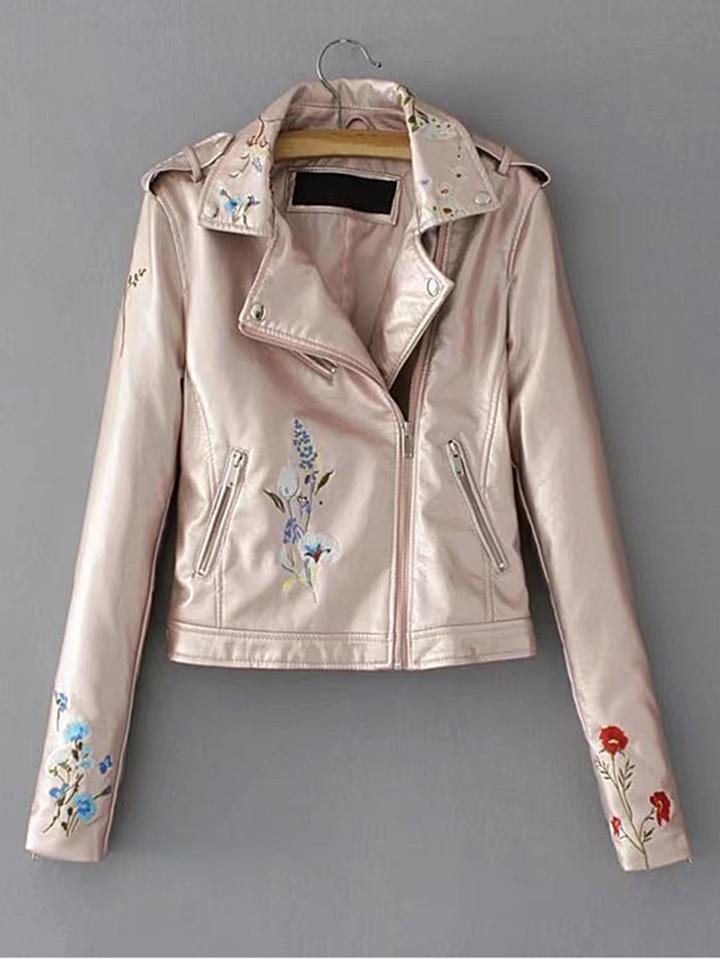 Shein Embroidered Detail Pu Moto Jacket