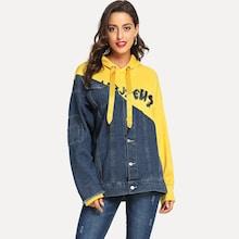 Shein Letter Print Ribbon Hooded Denim Jacket