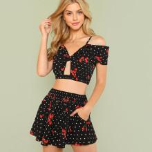 Shein Mixed Print Twist Detail Crop Top & Shorts Set