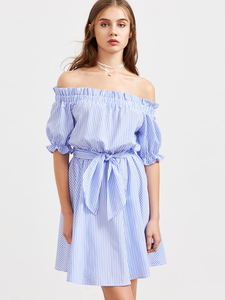 Shein Blue Striped Ruffle Detail Belted Off The Shoulder Dress