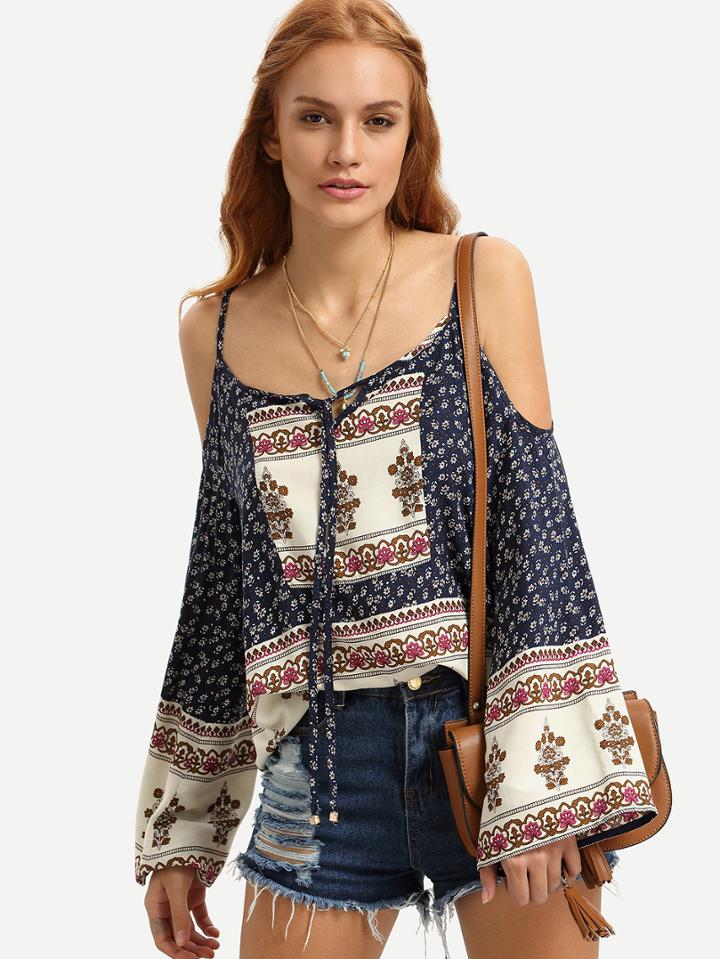 Shein Multicolor Cold Shoulder Tie-neck Blouse