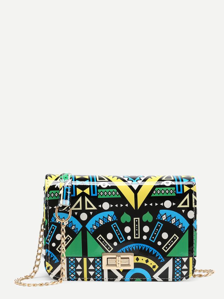 Shein Geometric Print Twist Lock Chain Shoulder Bag