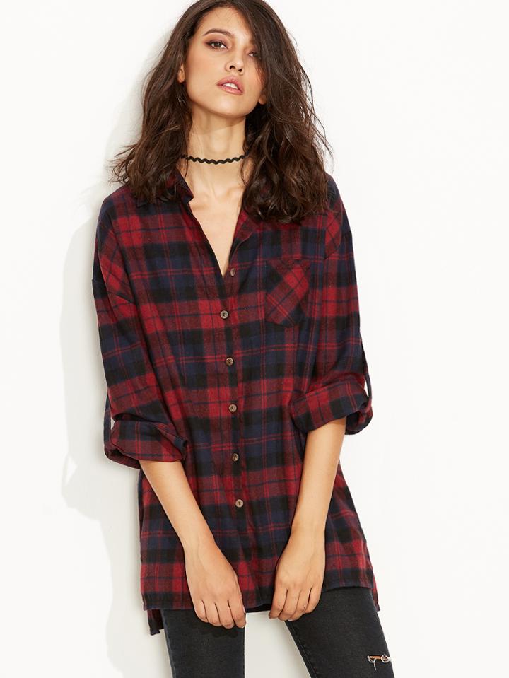 Shein Burgundy Plaid Roll Tab Sleeve Slit Side Dip Hem Shirt