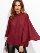 Shein Burgundy Pointed Collar Buttoned Cuff Oversized Ruffle Sleeve Blouse