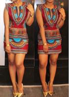 Rosewe Cap Sleeve Tribal Print Mini Dress