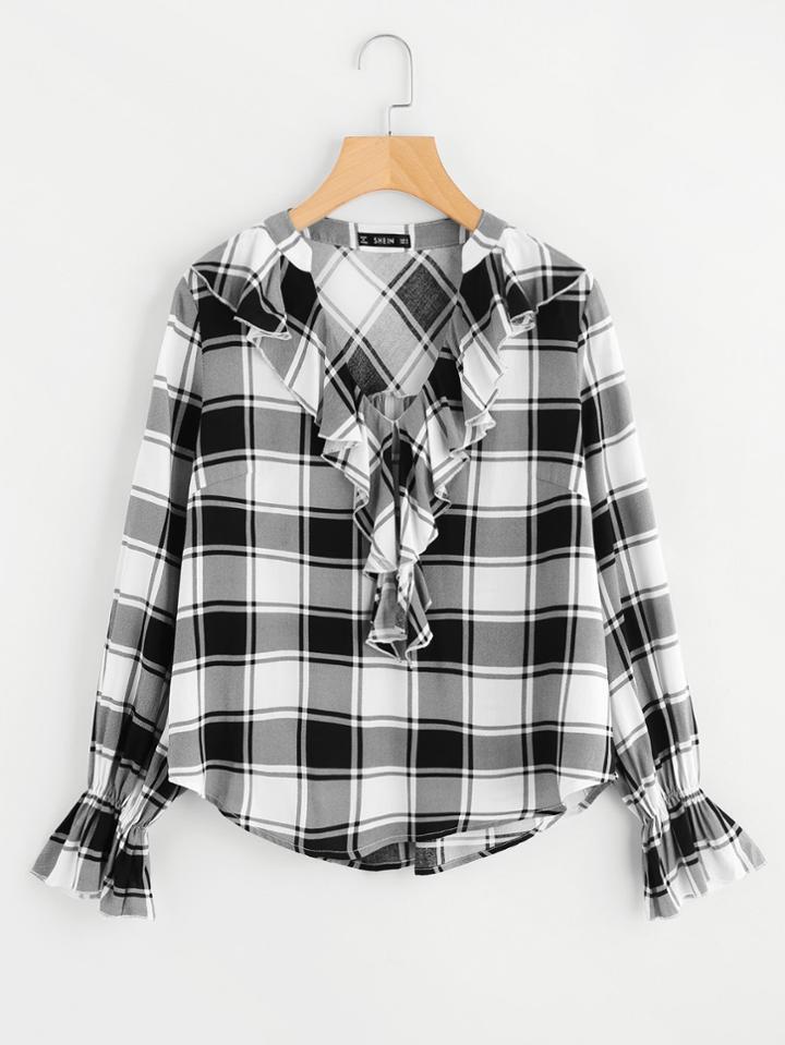 Shein Frilled Neckline Bell Cuff Plaid Blouse