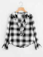 Shein Frilled Neckline Bell Cuff Plaid Blouse