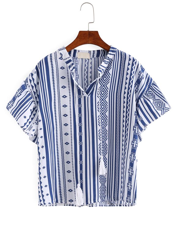 Shein Tassel Tie-neck Tribal Print Blouse
