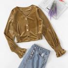 Shein Solid Button Decoration Velvet Blouse