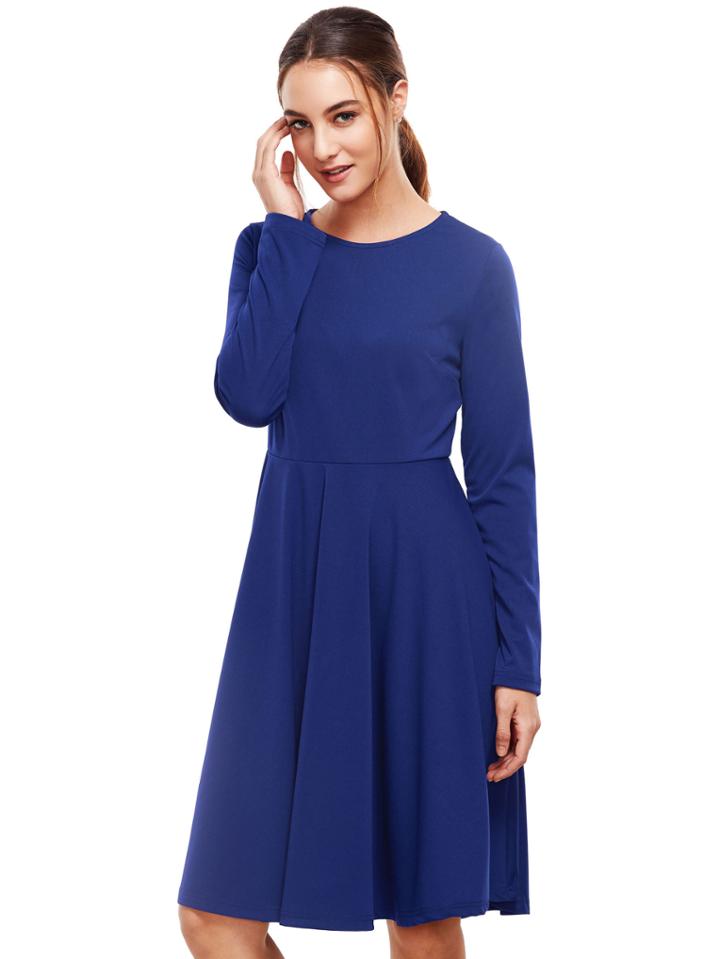 Shein Royal Blue Pleated Long Sleeve A-line Dress
