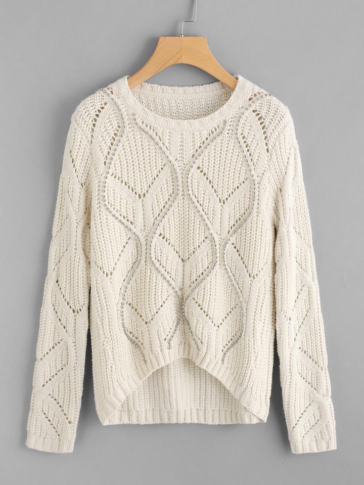 Shein Beading Detail Eyelet Geo Sweater