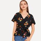 Shein Floral Print Self Belted Surplice Wrap Blouse