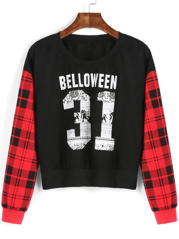 Shein Black Red Letters 31 Print Plaid Crop Sweatshirt