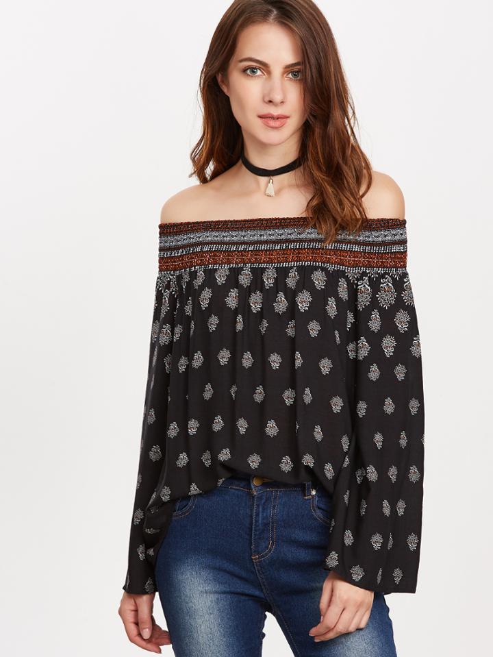 Shein Black Ornate Print Smocked Off The Shoulder Top